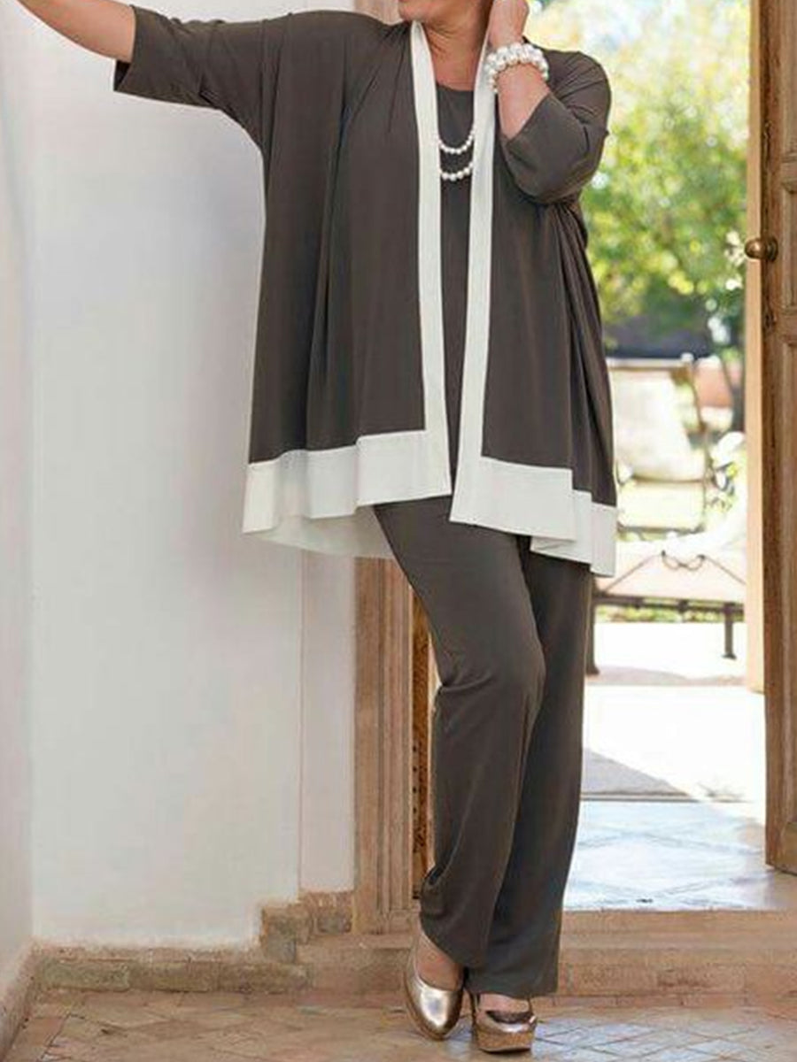 Casual Colorblock Cardigan And Pants Three-Piece Set