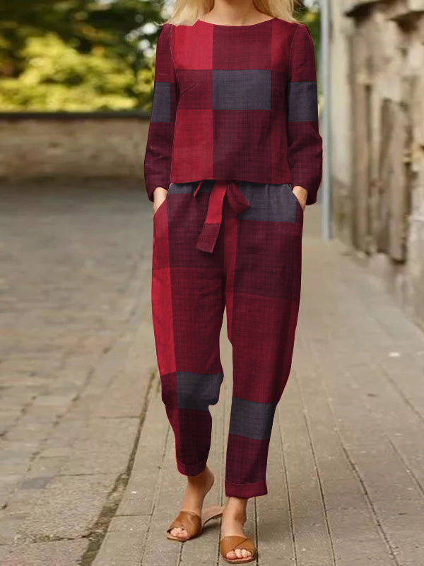 Long Sleeve Grid Printed O Neck Tops Wide Leg Pants Suits