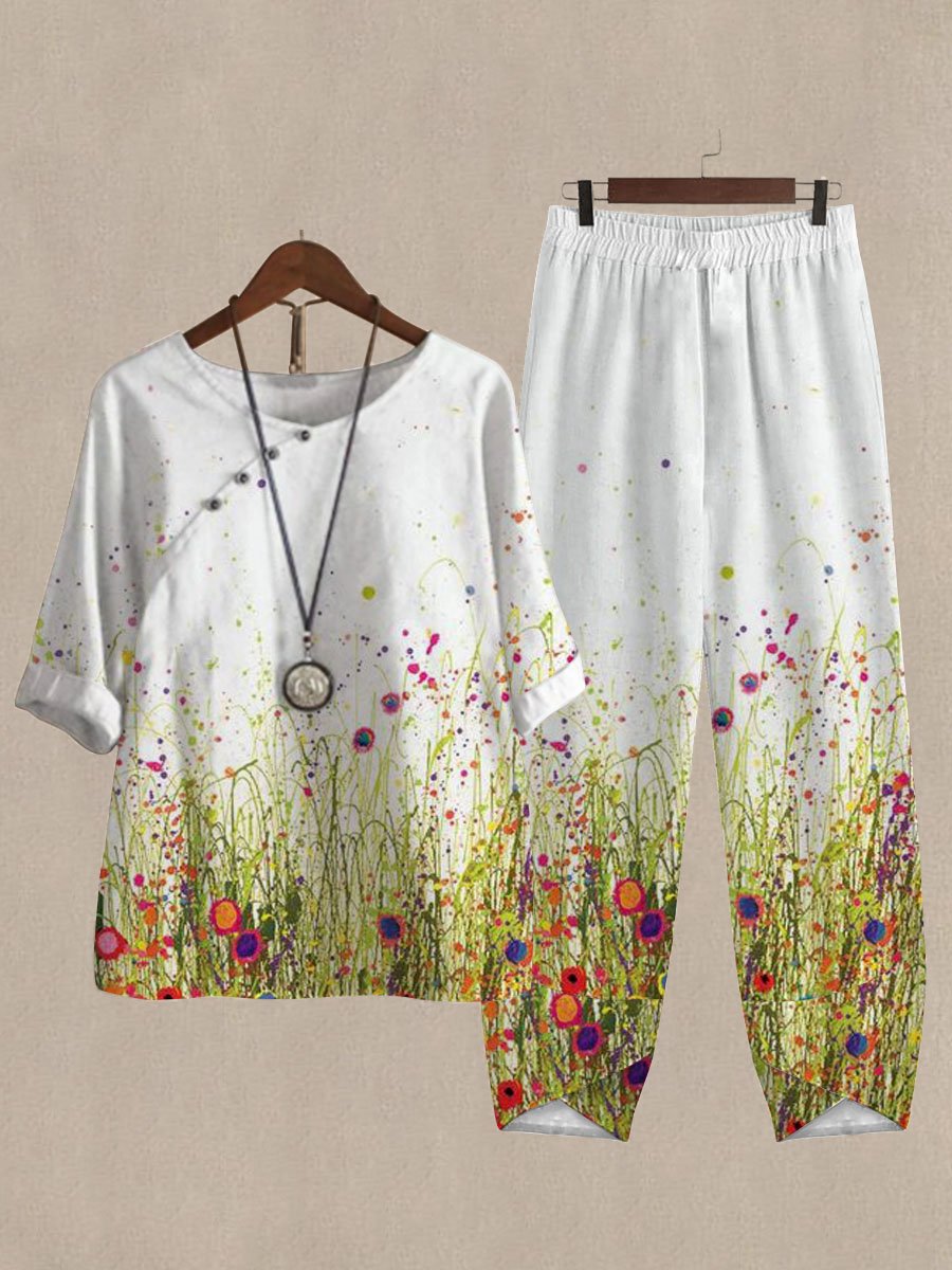 Oil Botanical Print Top And Pants Two-piece Suits