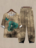 Women's Dandelion Print Half Sleeve Top And Casual Pants Linen Two Pieces