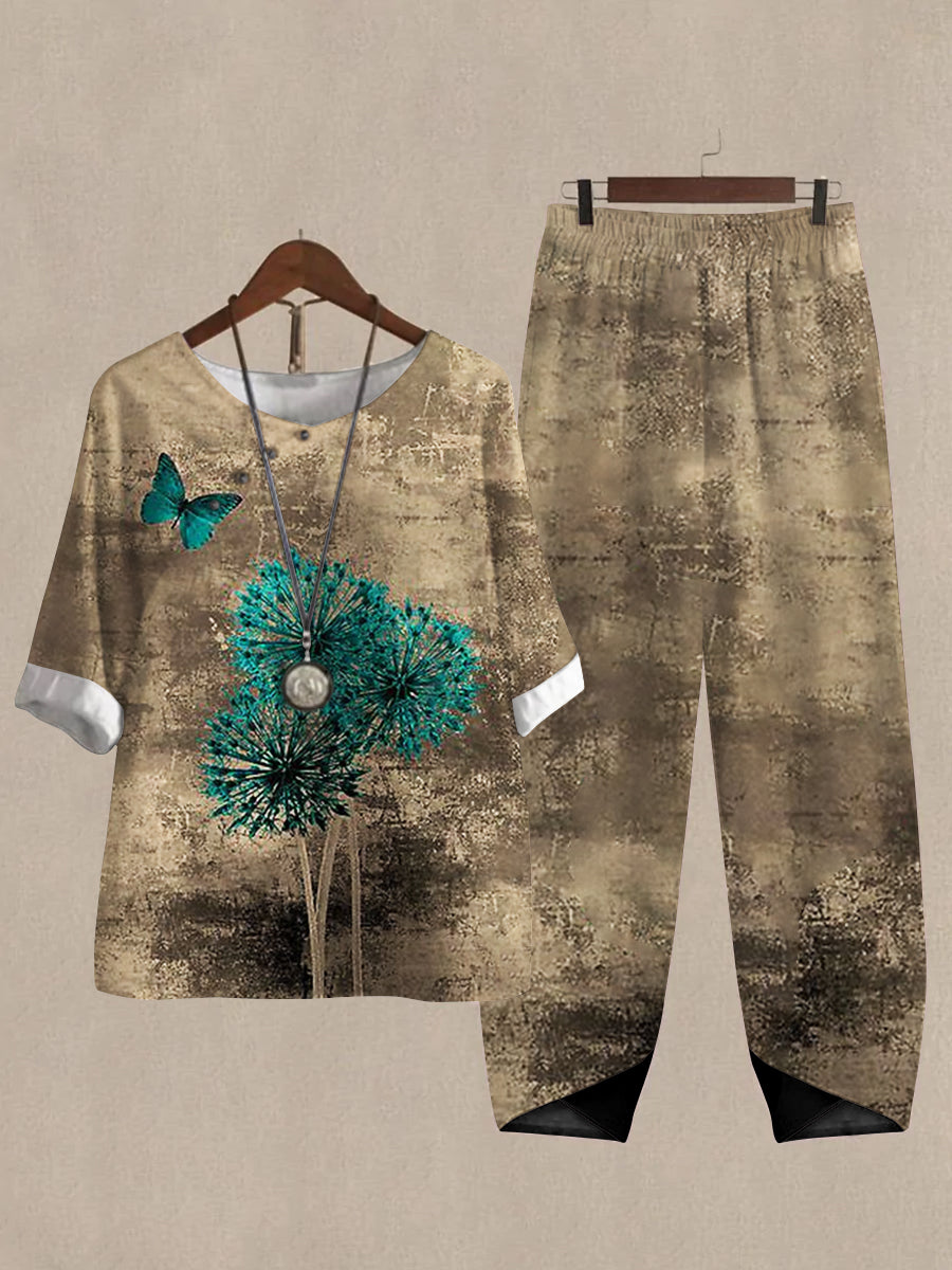 Women's Dandelion Print Half Sleeve Top And Casual Pants Linen Two Pieces