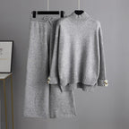 Knitted Women Casual Wide Leg Pants Two Piece Set Loose Button Design Pullover And Drawstring Trouser Ladies Suit Winter Fashion