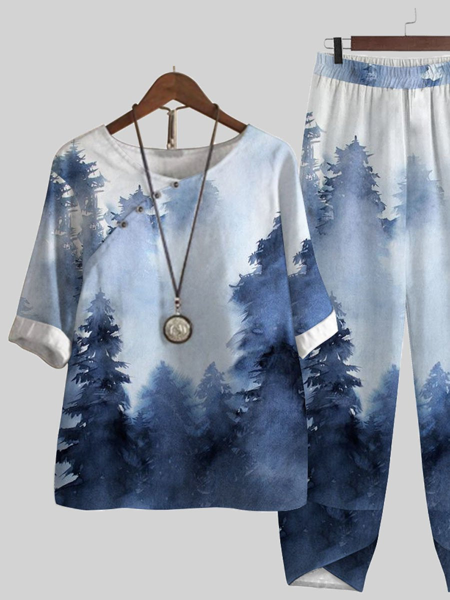 Ink Forest Print Casual Two-piece Suits