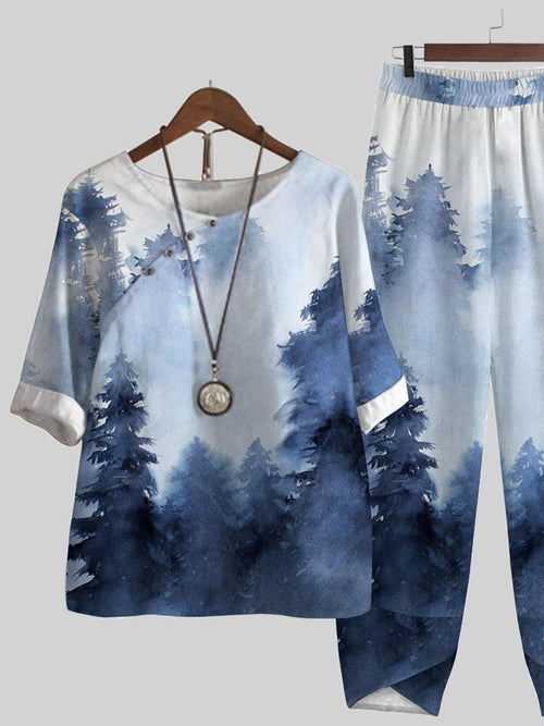 Ink Forest Print Casual Two-piece Suits