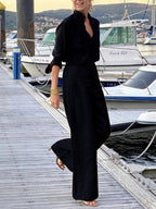 Elegant Solid Color V Neck Half Sleeve Top With Pants Set