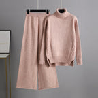 Knitted Women Casual Wide Leg Pants Two Piece Set Loose Button Design Pullover And Drawstring Trouser Ladies Suit Winter Fashion