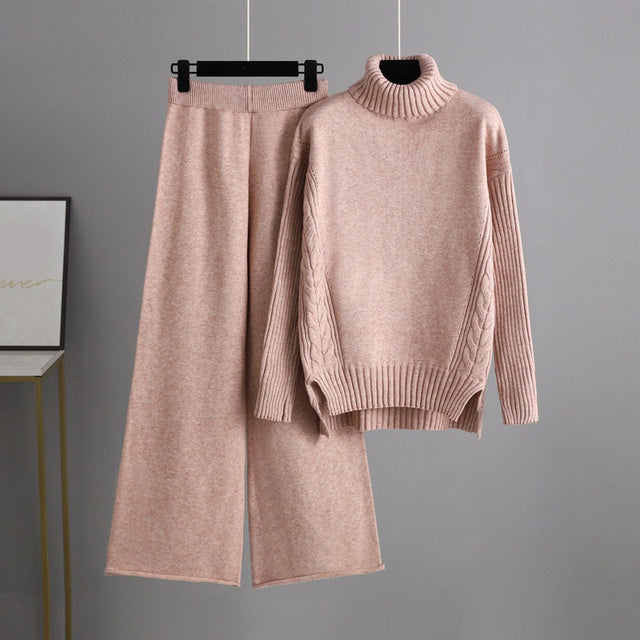 Knitted Women Casual Wide Leg Pants Two Piece Set Loose Button Design Pullover And Drawstring Trouser Ladies Suit Winter Fashion
