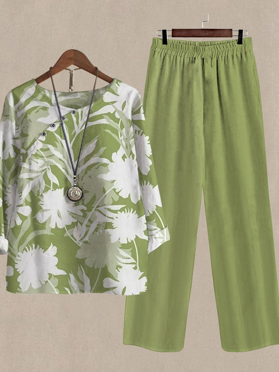 Spring And Autumn Green Plant Print Long Sleeve Two Piece Suits