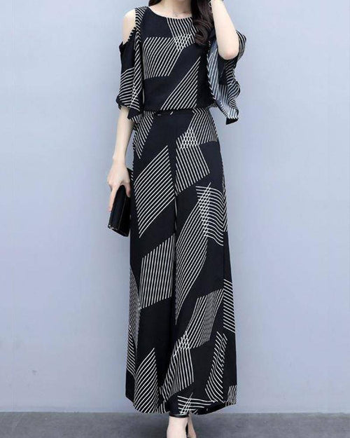 Color Block Off-shoulder Casual Two-piece Suits