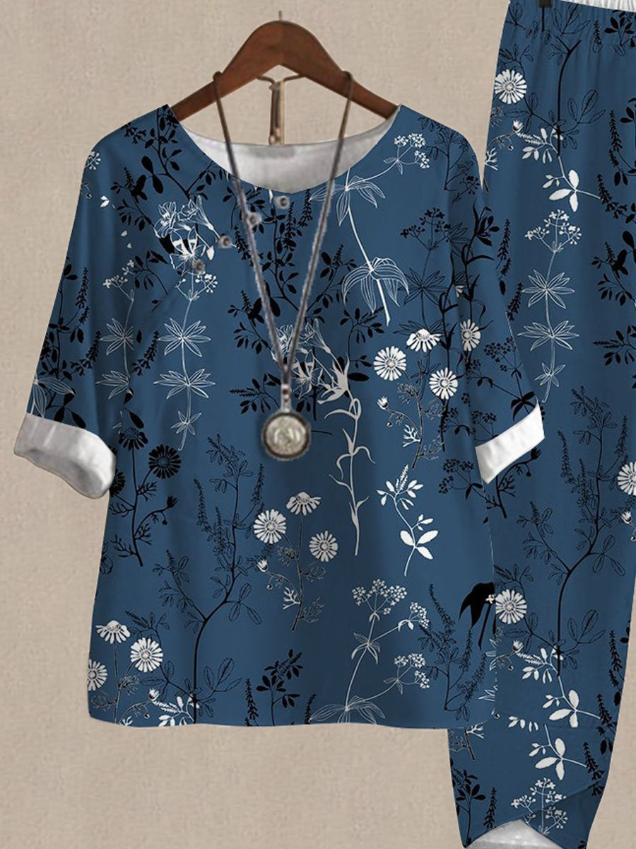 Botanical Floral Print Top And Pants Two-piece Suits