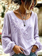 Women'S Casual Floral Cotton Linen Long Sleeved Shirt
