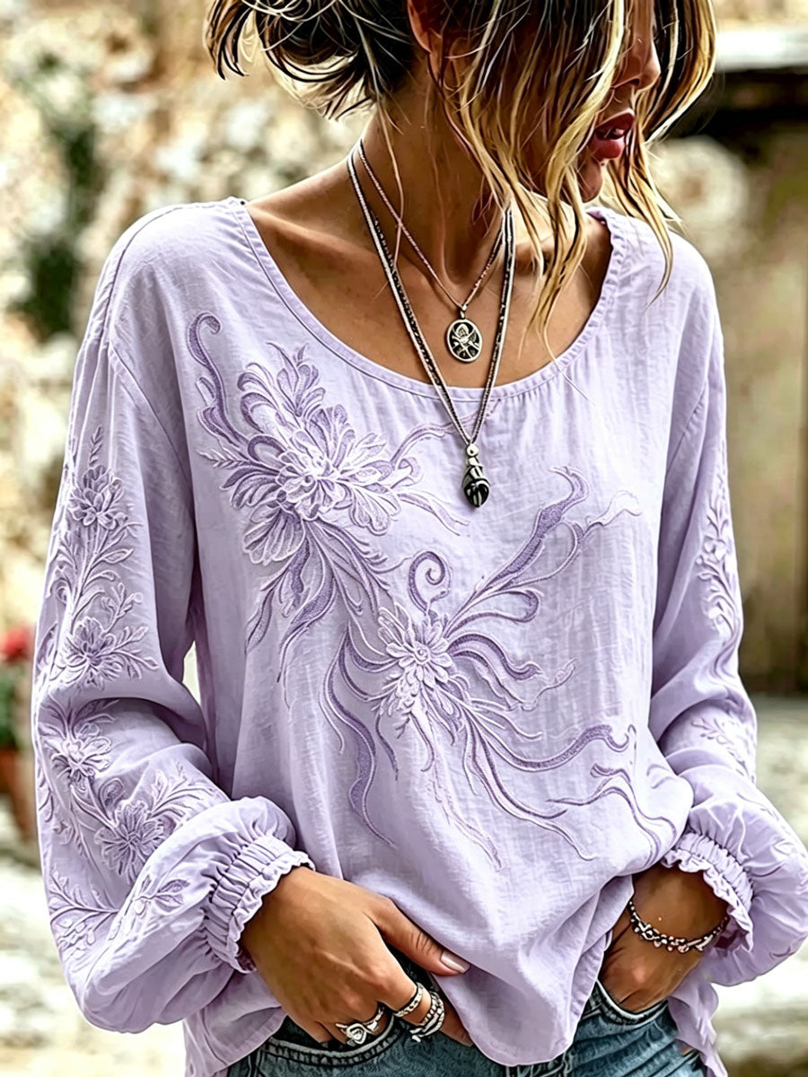 Women'S Casual Floral Cotton Linen Long Sleeved Shirt