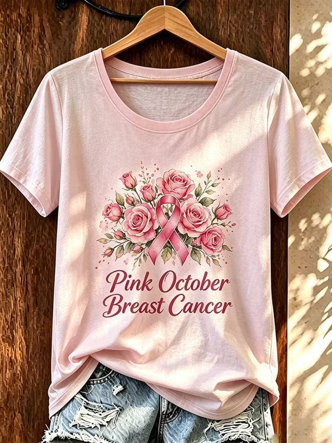 Women'S Pink Art Printed Casual T-Shirt