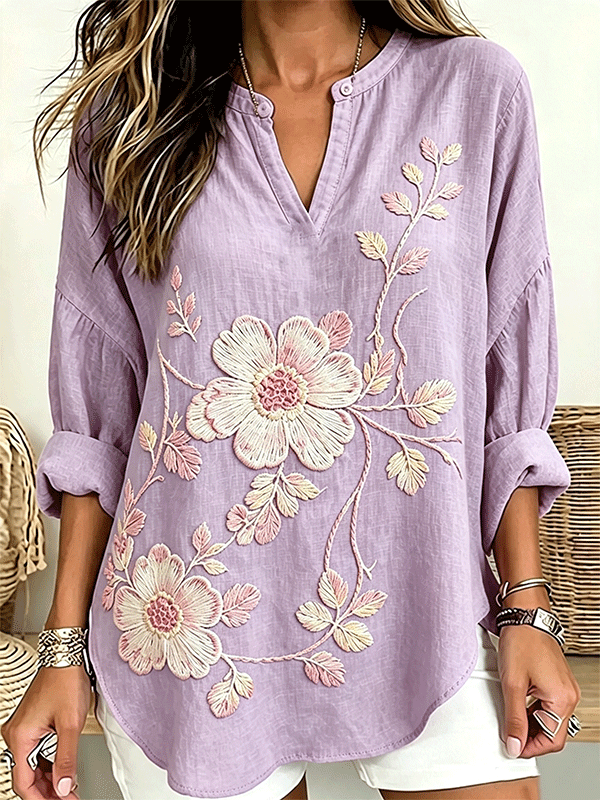 Women's Large Floral Embroidered Henley Neck Linen Blouse