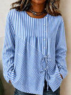 Women'S Breast Cancer Promotion Pink Stripe Art Printing Cotton Linen Long Sleeve Shirt