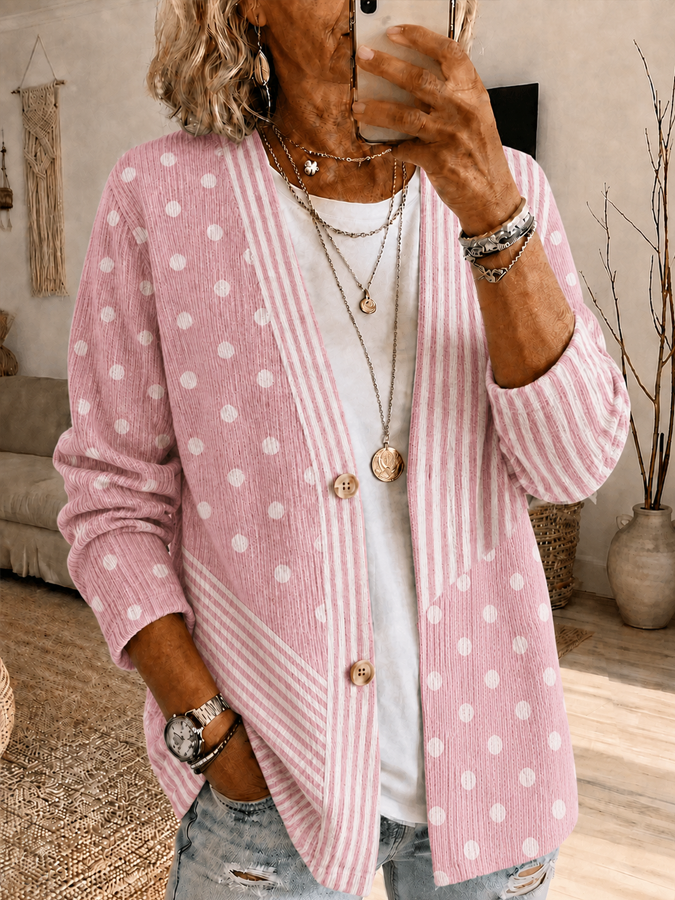 Women's Casual Striped Polka Dot Spliced Knitted Cardigan