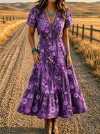 Women'S Western Style V-Neck Short Sleeved Floral Pattern Dress