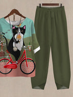Biker Cat Print Loose Casual Two-Piece Suits