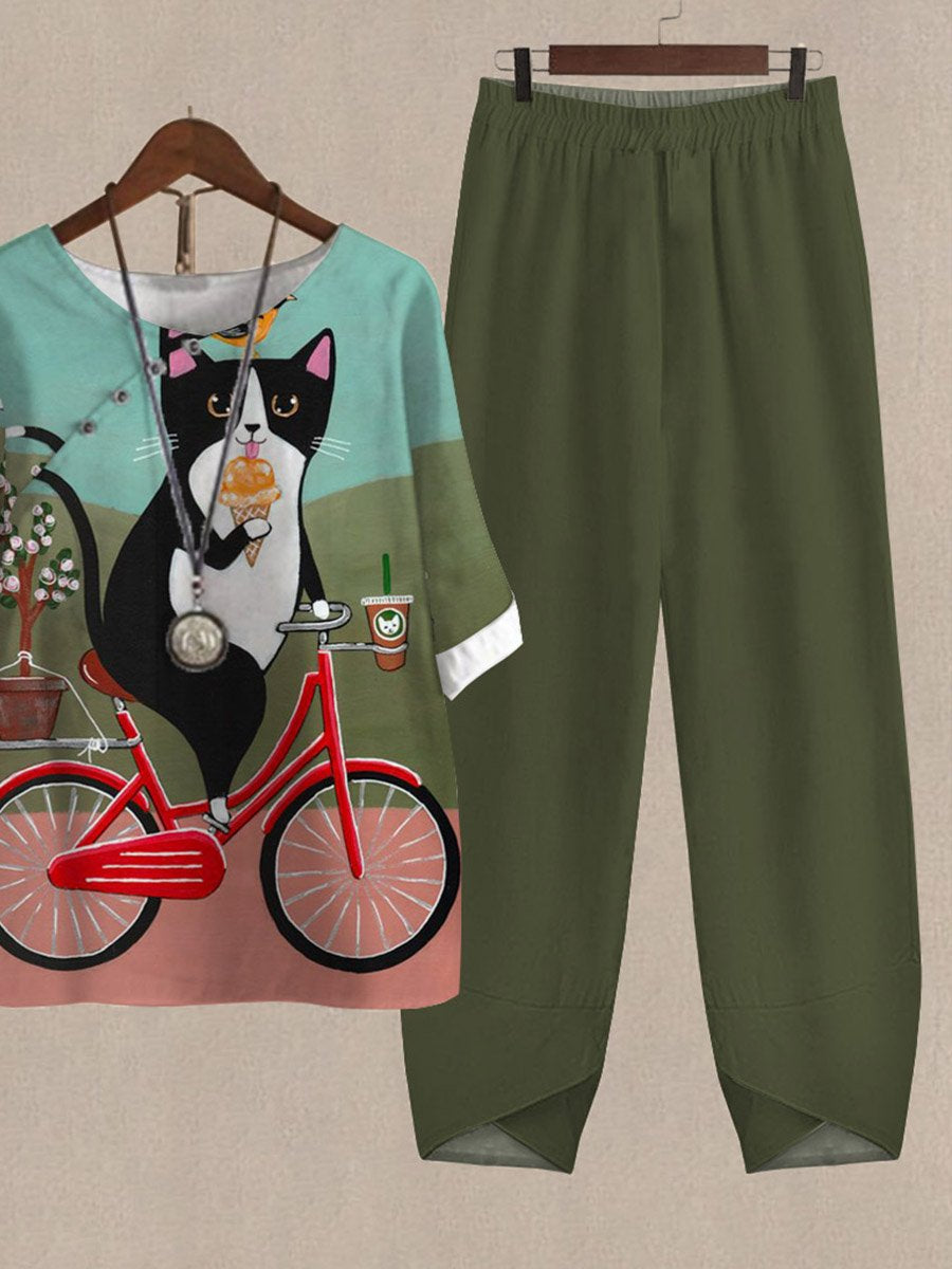 Biker Cat Print Loose Casual Two-Piece Suits