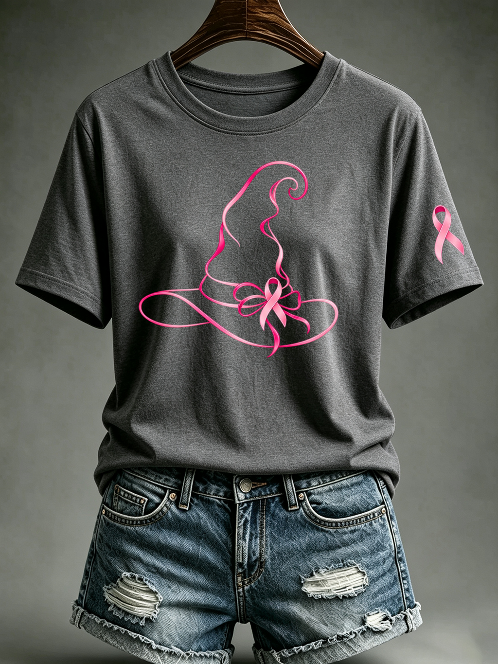 Women's Pink Witch Hat Printed Casual T-Shirt