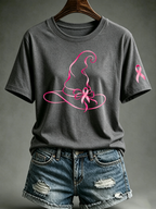 Women's Pink Witch Hat Printed Casual T-Shirt