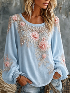 Women'S Floral Pattern Long Sleeved Linen Shirt