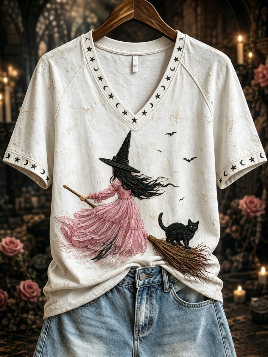 Women's Pink Witch-Themed Print Casual T-Shirt