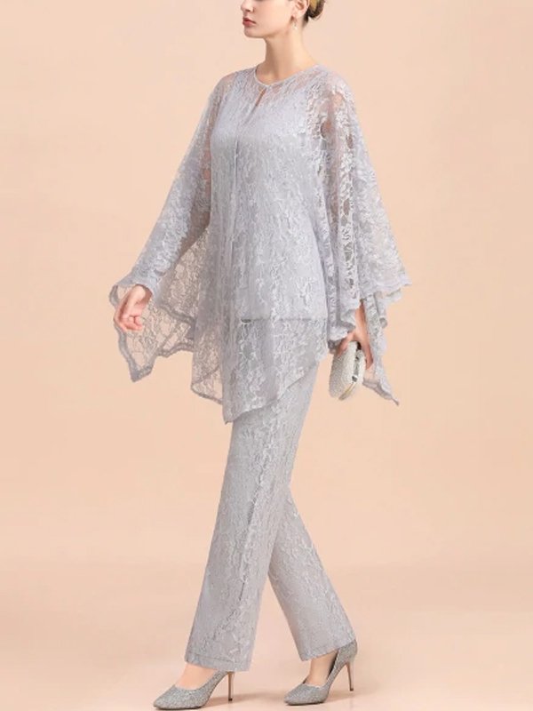 Elegant V-Neck Appliques Silver Mother Of Bride Jumpsuit With Lace Wraps
