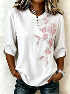 Women'S Cotton Linen Flower Pattern Three Quarter Sleeve Button Top