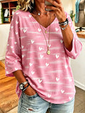 Women'S Casual Pink V-Neck 7-Inch Sleeve T-Shirt