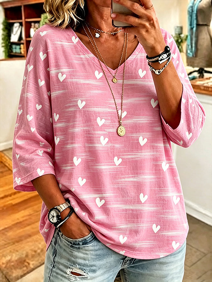 Women'S Casual Pink V-Neck 7-Inch Sleeve T-Shirt