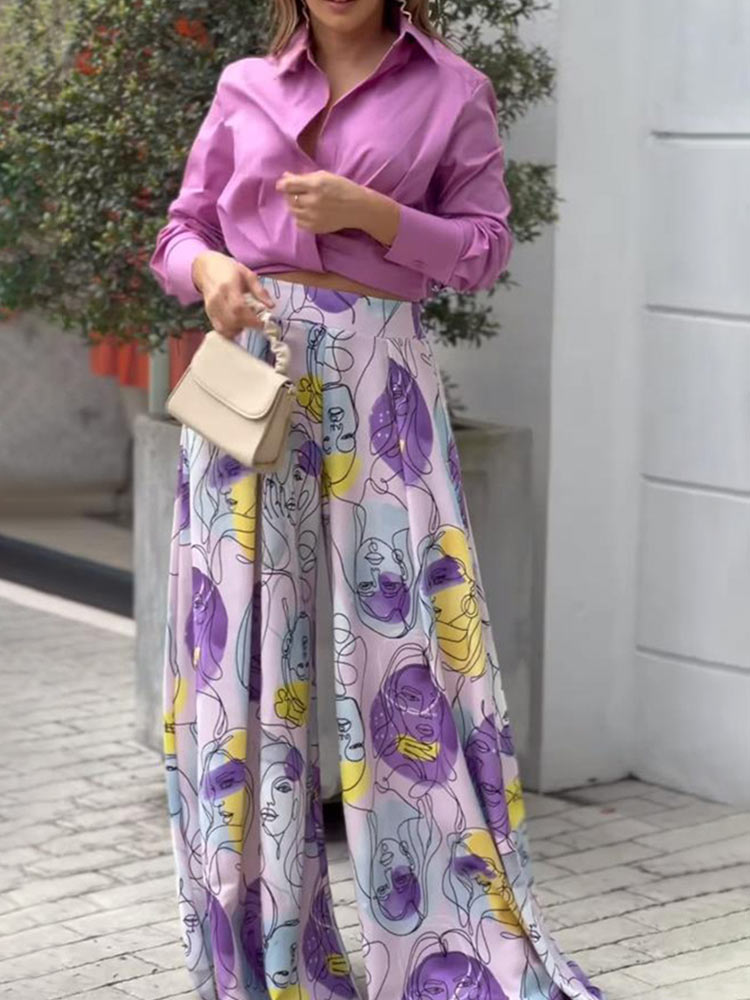 Summer Womens Two Piece Sets Print Long Sleeve Shirt Loose Wide Leg Trousers Suits Female High Waist Turndown Collar Lady Set
