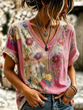 Women's Retro Floral Art Embroidery Casual Cotton Linen V-neck T-shirt