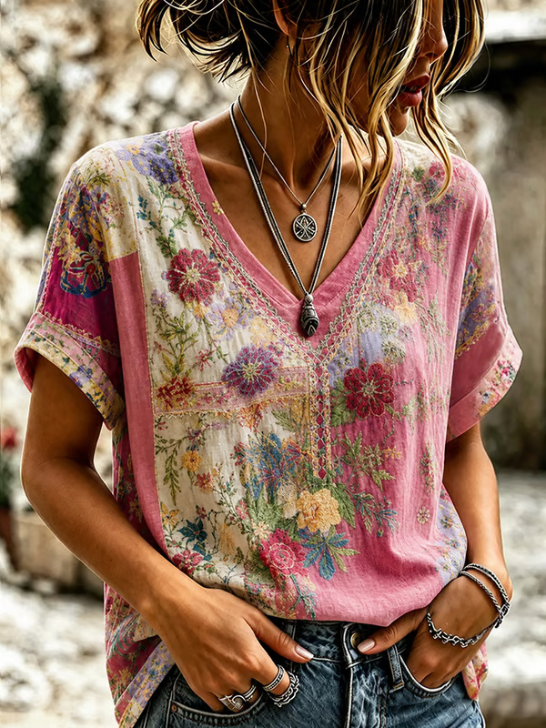 Women's Retro Floral Art Embroidery Casual Cotton Linen V-neck T-shirt