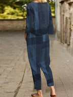 Long Sleeve Grid Printed O Neck Tops Wide Leg Pants Suits