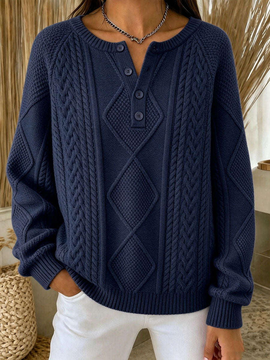 Women'S Casual Printed Henry Button Striped Knitted Top