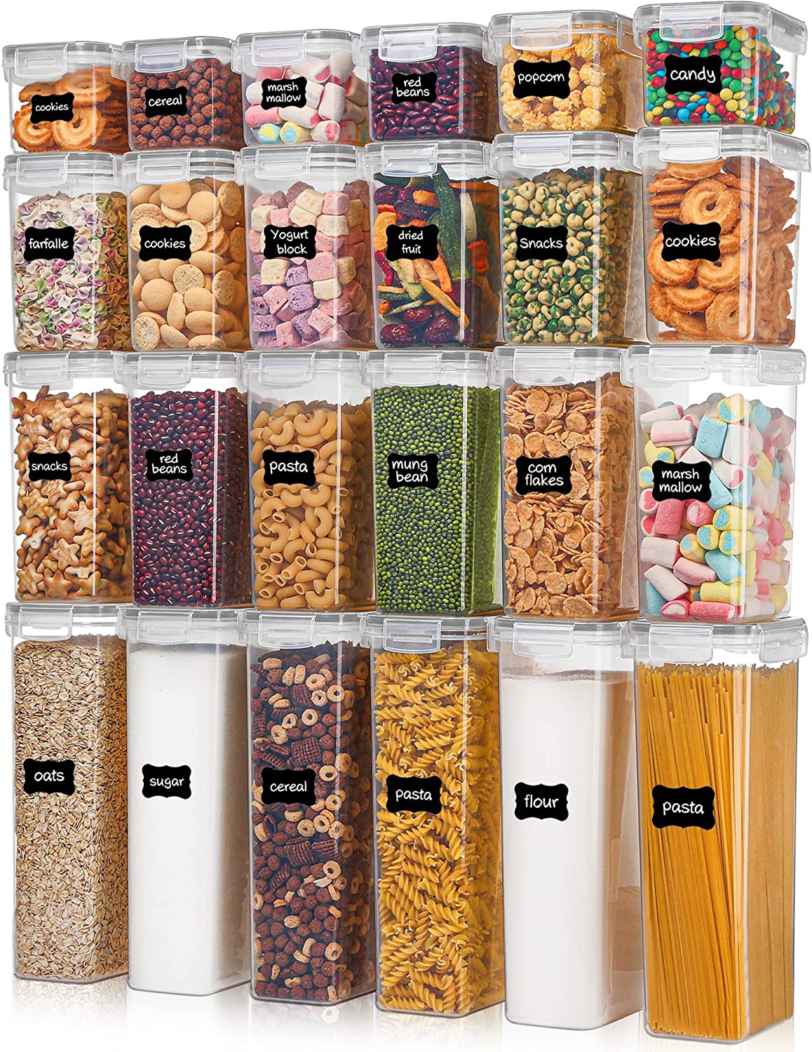 24 pcs Plastic Kitchen and Pantry Organization Canisters for Cereal, Dry Food, Flour and Sugar