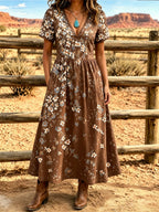 Women'S Western Style V-Neck Short Sleeved Floral Pattern Dress