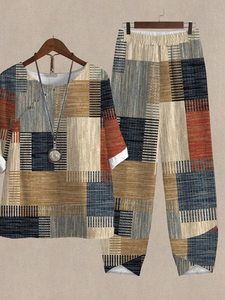 Contrast Print Loose Casual Two Piece Suits