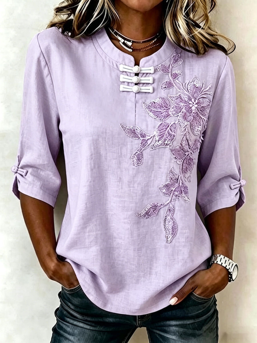 Women'S Cotton Linen Flower Pattern Three Quarter Sleeve Button Top