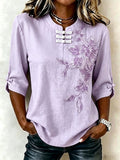 Women'S Cotton Linen Flower Pattern Three Quarter Sleeve Button Top