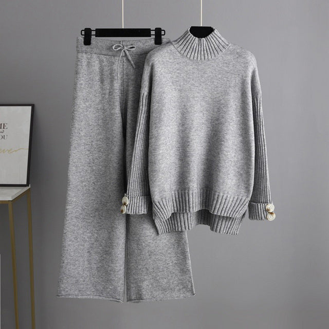 Knitted Women Casual Wide Leg Pants Two Piece Set Loose Button Design Pullover And Drawstring Trouser Ladies Suit Winter Fashion