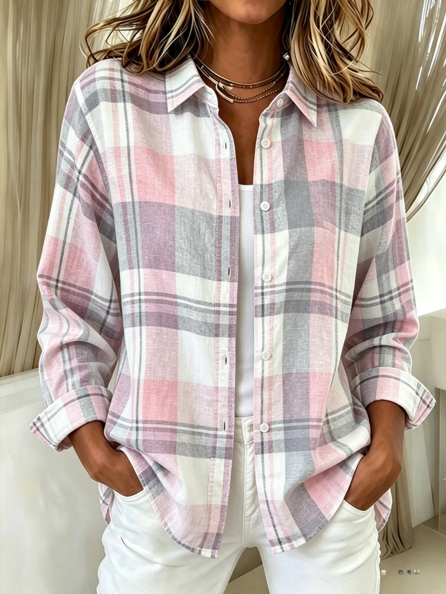 Women's Pink Plaid Print Lapel Long Sleeve Shirt