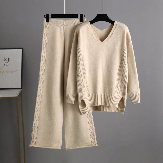 Knitted Women Casual Wide Leg Pants Two Piece Set Loose Button Design Pullover And Drawstring Trouser Ladies Suit Winter Fashion