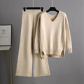 Knitted Women Casual Wide Leg Pants Two Piece Set Loose Button Design Pullover And Drawstring Trouser Ladies Suit Winter Fashion