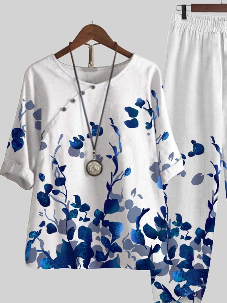 Blue Leaf Print Top And Pants Two-piece Suits
