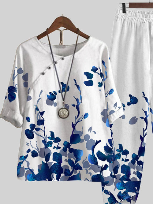 Blue Leaf Print Top And Pants Two-piece Suits