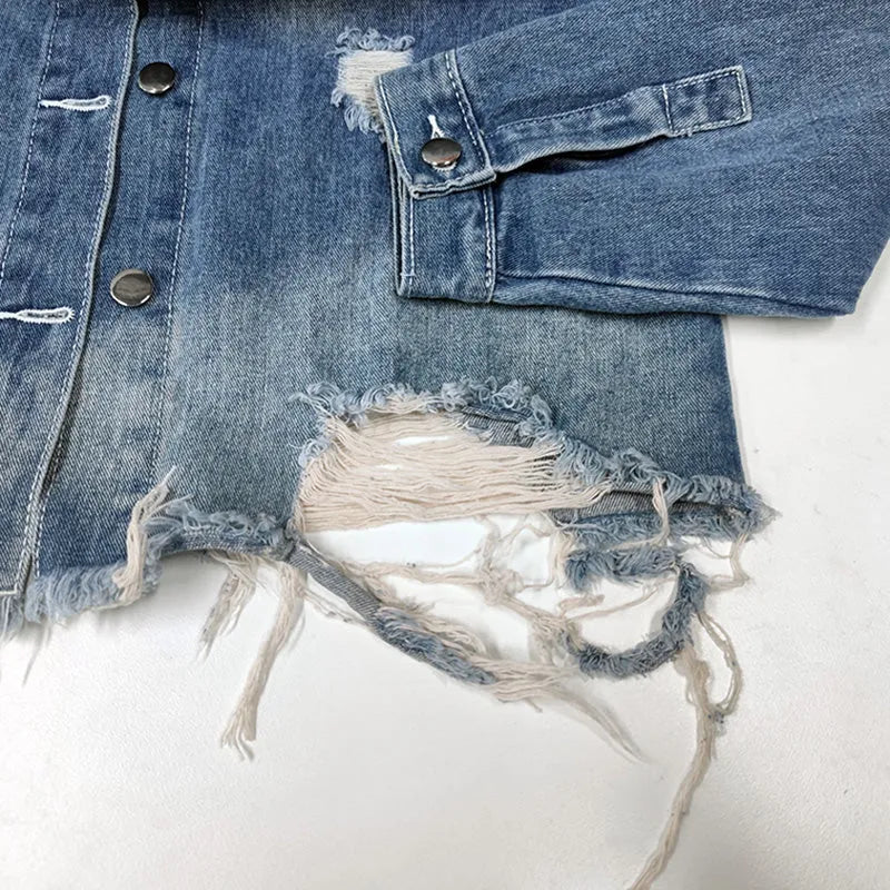 Ripped Holes Frayed Hem Denim Jacket