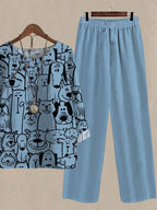 Spring and Autumn Cute Dog Print Long Sleeve Two Piece Suits