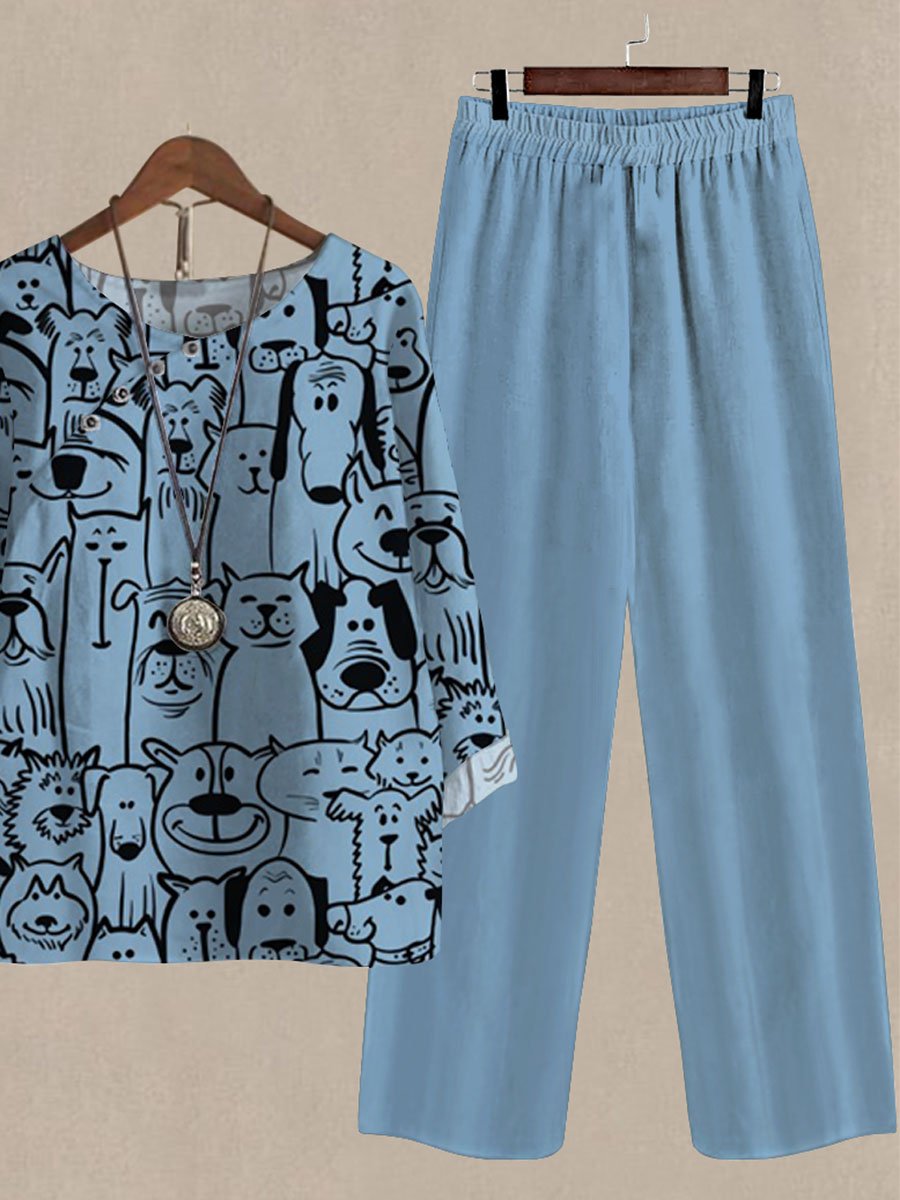 Spring and Autumn Cute Dog Print Long Sleeve Two Piece Suits
